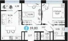 2-комн. квартира, 59.8 м², 6 этаж из 12