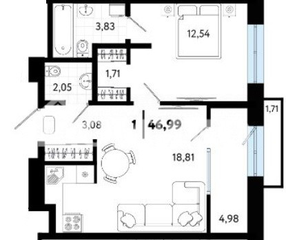 1-комн. квартира, 47 м², 4 этаж из 9