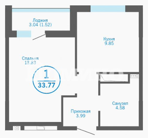 1-комн. квартира, 33.8 м², 15 этаж из 16