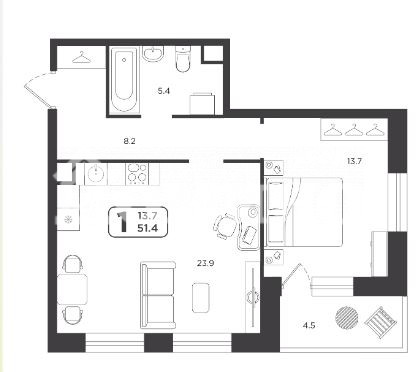 1-комн. квартира, 51.4 м², 9 этаж из 17