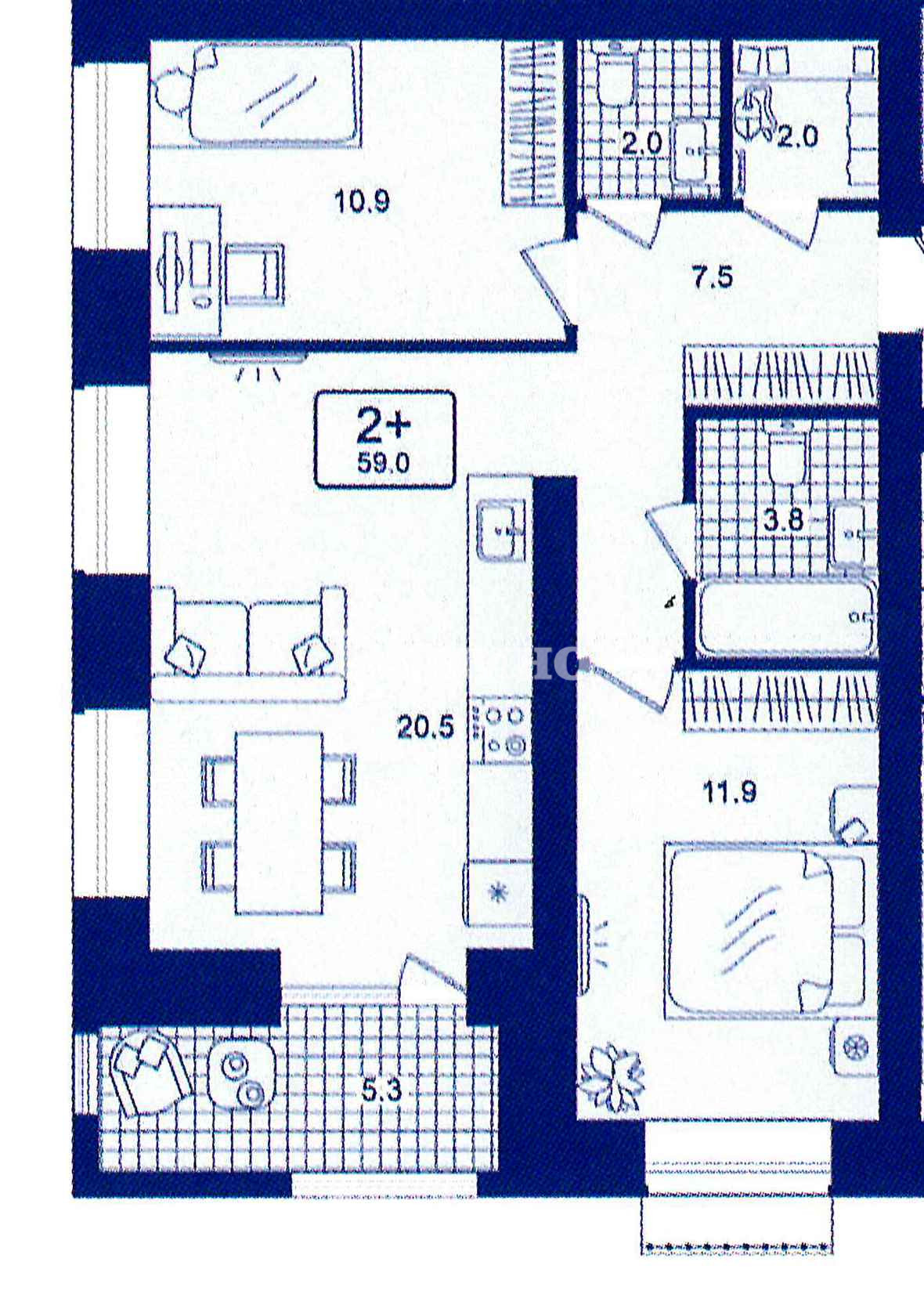 2-комн. квартира, 58.5 м², 2 этаж из 6