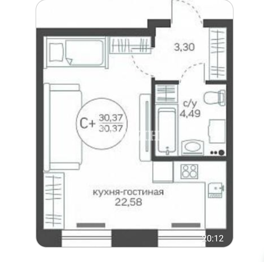 Квартира, 30.37 м², 1 этаж из 20