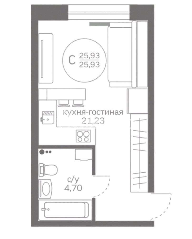 Квартира, 25.93 м², 1 этаж из 20