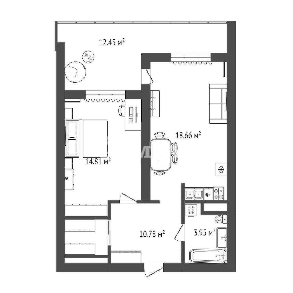 1-комн. квартира, 53.5 м², 4 этаж из 4