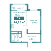 1-комн. квартира, 44.3 м²
