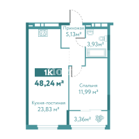 1-комн. квартира, 48.2 м²