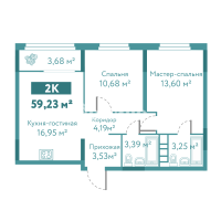 2-комн. квартира, 59.2 м²