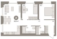 2-комн. квартира, 60.4 м²