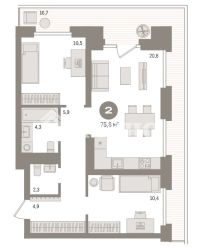 2-комн. квартира, 75.8 м²