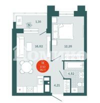 1-комн. квартира, 37.61 м²