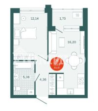 1-комн. квартира, 38.08 м²
