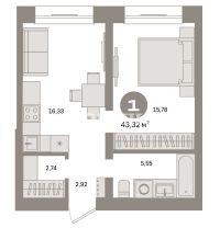1-комн. квартира, 43.32 м²