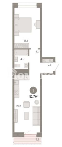 1-комн. квартира, 51.7 м²
