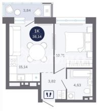 1-комн. квартира, 38.14 м²