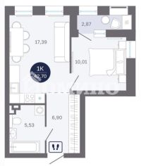 1-комн. квартира, 42.7 м²