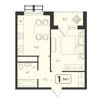 1-комн. квартира, 34.1 м²