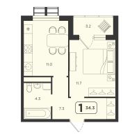1-комн. квартира, 34.3 м²