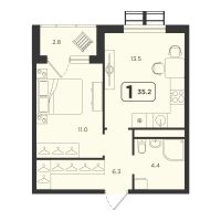 1-комн. квартира, 35.2 м²