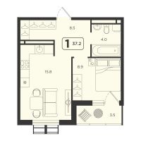 1-комн. квартира, 37.2 м²