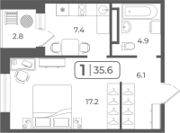 1-комн. квартира, 35.3 м²