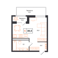 Студия, 38.5 м²