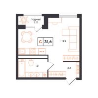 Студия, 31.6 м²