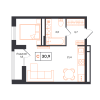 Студия, 30.9 м²