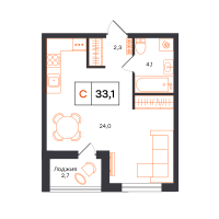 Студия, 33.1 м²