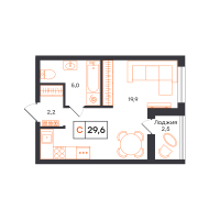 Студия, 29.6 м²