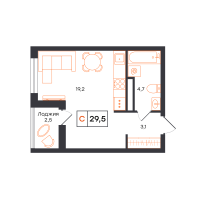 Студия, 29.5 м²