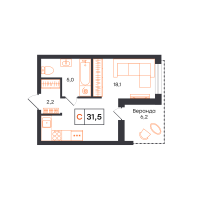 Студия, 31.5 м²