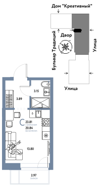 Студия, 23.8 м²