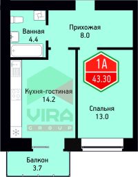 1-комн. квартира, 43.3 м²