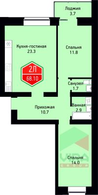 2-комн. квартира, 68.1 м²