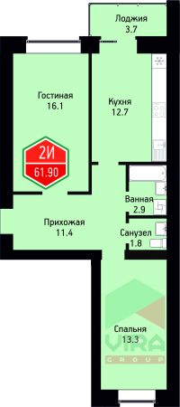 2-комн. квартира, 61.9 м²