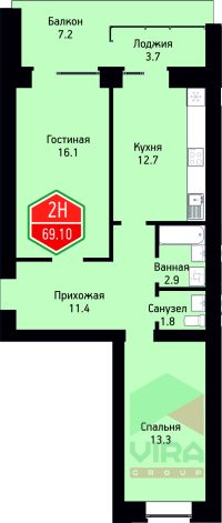 2-комн. квартира, 69.1 м²