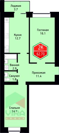 2-комн. квартира, 62.7 м²