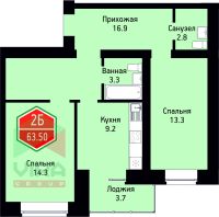 2-комн. квартира, 63.5 м²