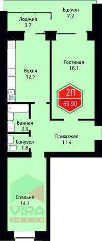 2-комн. квартира, 69.9 м²