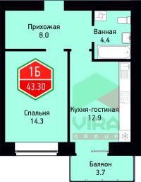 1-комн. квартира, 43.3 м²