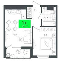 1-комн. квартира, 39.2 м²