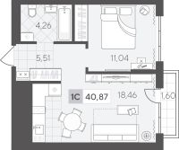 1-комн. квартира, 40.9 м²