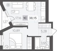 1-комн. квартира, 38.1 м²