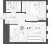 1-комн. квартира, 39.3 м²
