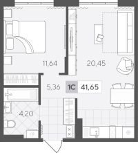 1-комн. квартира, 41.6 м²