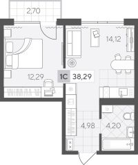 1-комн. квартира, 38.3 м²