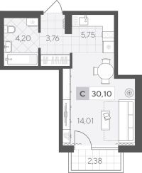 Студия, 30.1 м²