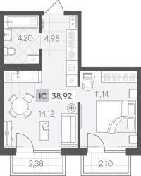 1-комн. квартира, 38.9 м²