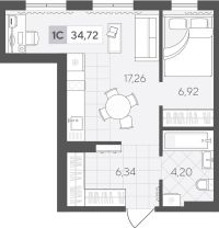 1-комн. квартира, 34.7 м²
