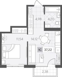 1-комн. квартира, 37.2 м²